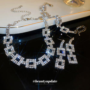 Silver Tone Square Crystal Link Necklace With Layered Geometric Drops