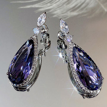 Purple Pear-Shaped Halo Long Drop Earrings In Silver Tone