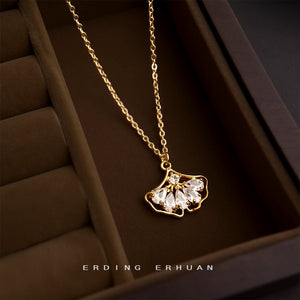 Gold Tone Clear Crystal Ginkgo Fan Pendant Chain Necklace