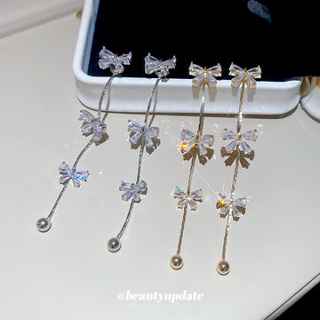 Bow Crystal Chain Drop Stud Earrings in Gold and Silver