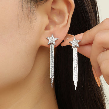 Clear Star Silver Tone Extra Long Tassel Clip Earrings