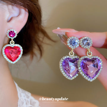 Pink Purple Crystal Heart Cluster Drop Earrings in Gold Tone