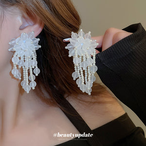White and Clear Beaded Cascade Statement Stud Earrings