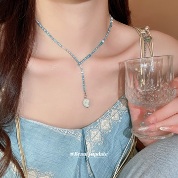 Blue Seed Bead Y Necklace Light Blue Ceramic Starfish Pendant