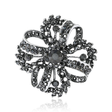 Dark Crystal Openwork Flower Brooch With Looping Petals