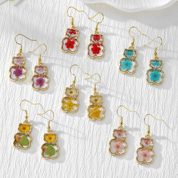 Gold Tone Pressed Flower Teddy Bear Drop Earrings in Six Colors