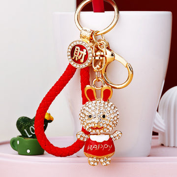 Jeweled Happy Rabbit Keychains in Four Colors with Braided Loops