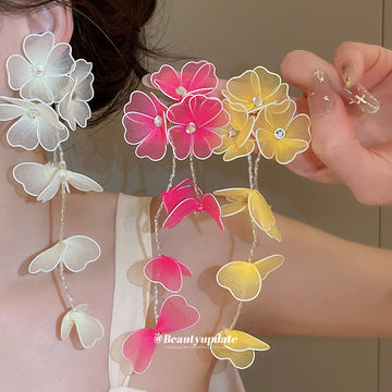 Sheer Floral Long Drop Earrings in Pink Yellow and White