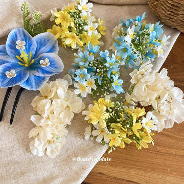 Artificial Flower Hair Clips Blue Yellow Cream Orchid Pin
