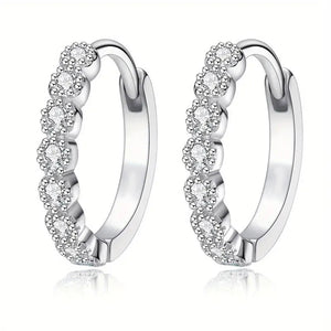White Metal Clear Stone Hinged Hoop Earrings Pavé Front