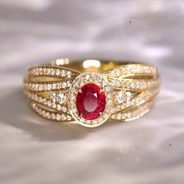 Gold Red Oval Halo Cross Band Finger Ring Sizes 6-10