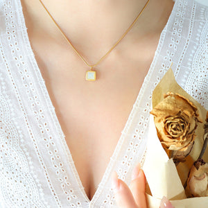 Gold Steel Square White Shell Pendant Snake Chain Necklace