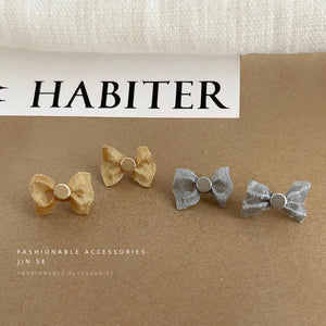 Mesh Fabric Bow Stud Earrings With Round Metal Disc