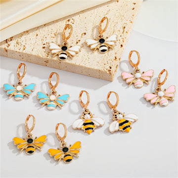 Gold Tone Enamel Bee Huggie Drop Earrings in Five Colorways