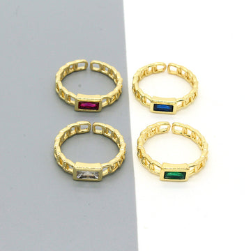 Gold Tone Rectangular Crystal Chain Link Adjustable Rings in Four Colors
