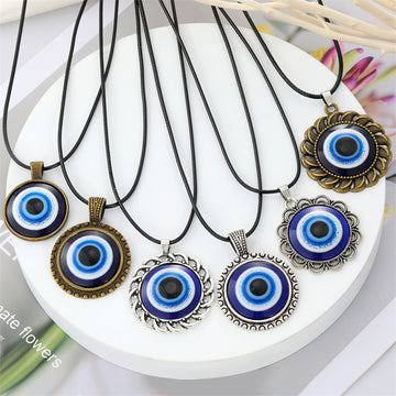 Black Cord Round Blue Evil Eye Pendant Necklaces in Eleven Frames