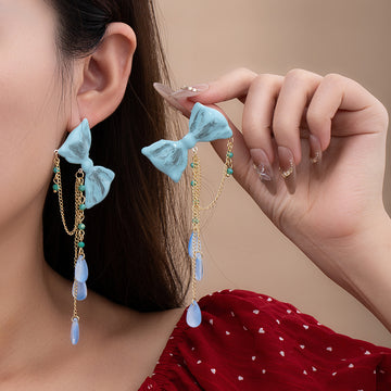 Blue Fabric Bow Bead Chain Extra Long Stud Earrings
