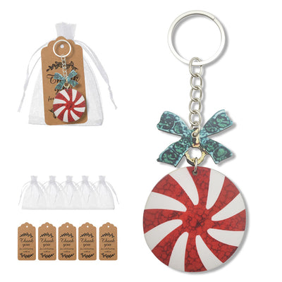 Peppermint candy teal bow keychain with organza bags and kraft thank-you tags