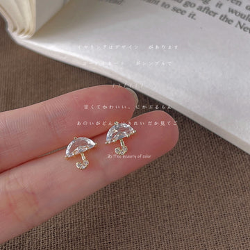 Gold Tone Clear Stone Tiny Umbrella Stud Earrings For Women