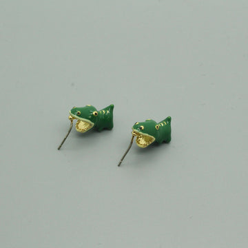 Green Crocodile Figural Stud Earrings with Gold Tone Mouth Detail