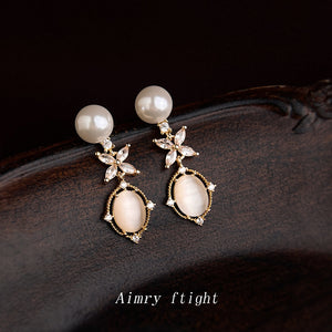Gold Pearl Drop Earrings Oval Cat Eye Stone Crystal Flower