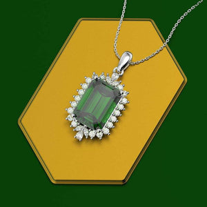 Silver Tone Green Rectangular Halo Pendant Necklace