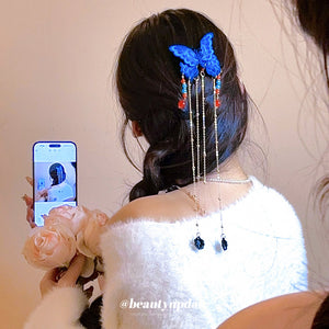 Blue Knit Butterfly Duckbill Clip Red Bead Chain Tassels