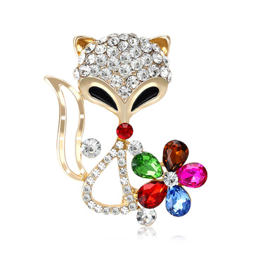 Multicolor Crystal Fox Brooch With Faceted Crystals And Polished Metal Details