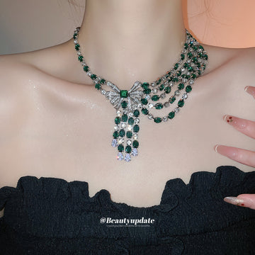 Green Crystal Bow Layered Statement Necklace Jewelry