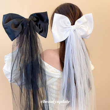 Large Satin Bow Mesh Tulle Streamer Duckbill Hair Clips
