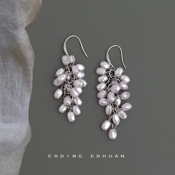 Silver Tone Pale Purple Pearl Cluster Long Hook Earrings