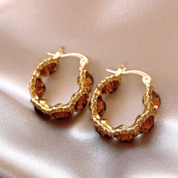 Gold Tone Textured Hoop Earrings with Amber Brown Crystals