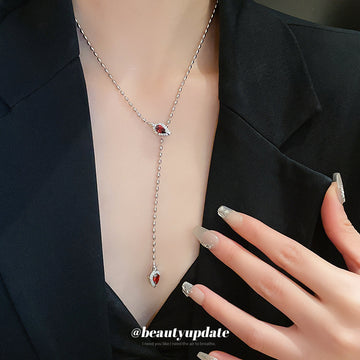 Silver Crystal Teardrop Snake Style Lariat Necklace