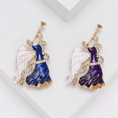 Front view of flowing dancing woman enamel brooch in blue and purple