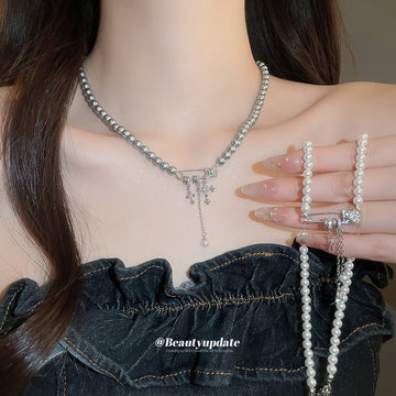 Silver-Tone Starburst And Pearl Layered Necklace Fashion Jewelry