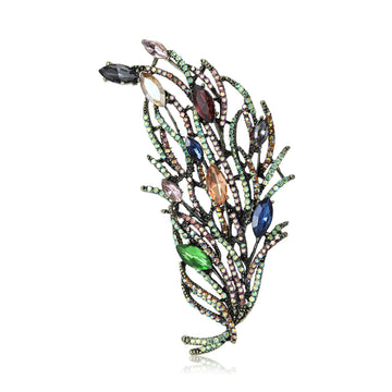 Multicolor Crystal Feather Brooch Pin with Dark Metal Frame