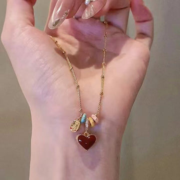 Red Heart Drop Gold Tone Necklace Statement Fashion Jewelry