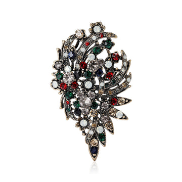 Antique Gold Multicolor Rhinestone Leaf Spray Brooch Pin