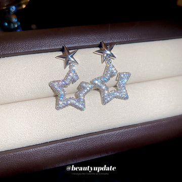 Silver Tone Double Star Drop Earrings With Crystal Accents
