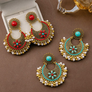 Red and Turquoise Ornate Floral Fringe Statement Earrings