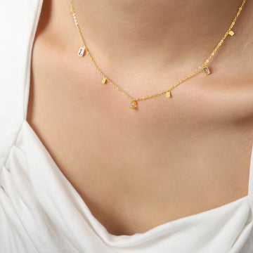 Gold Baguette Zircon and Square Plate Station Chain Necklace
