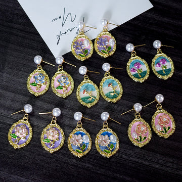 Gold Frame Floral Pearl Stud Drop Earrings Seven Styles