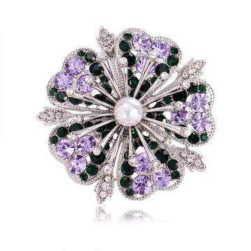 Flower Crystal Pearl Look Two Designs Metal Brooch Pin 4.7 cm