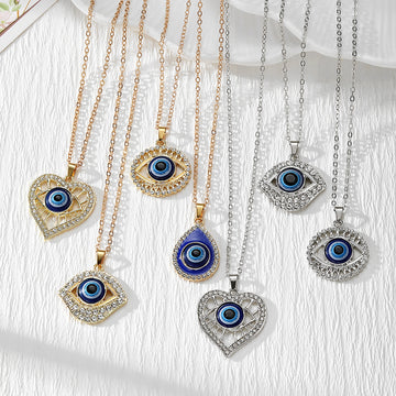 Rhinestone Blue Evil Eye Pendant Necklaces in Seven Shapes and Finishes