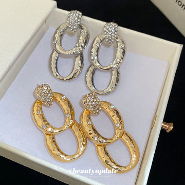 Gold Tone Textured Double Oval Crystal Drop Earrings