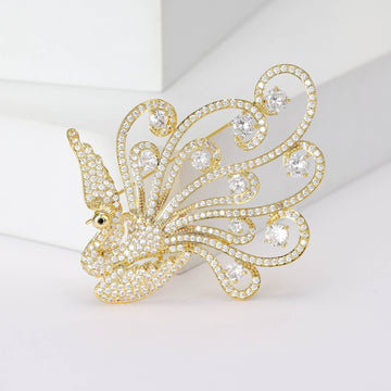 Gold Phoenix Rhinestone Brooch Clear Crystal Swirl Tail Pin