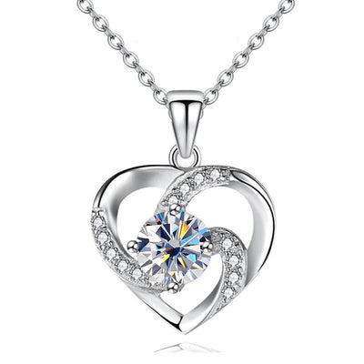 Silver open heart clear center pendant necklace front studio view