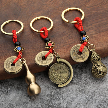 Antique Gold Tone Chinese Coin Keychains, 12 Charm Styles