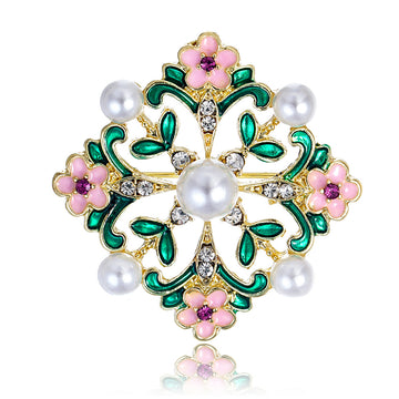 Flower Openwork Enamel Pearl Look Metal Brooch Pin