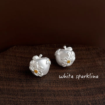 Matte Silver Apple Stud Earrings Floral Gold Center Accents